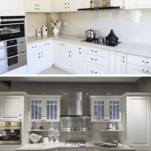 มือจับเซรามิก C-1003 สีดำด้าน ติดตั้งบนตู้ครัวสีขาว สไตล์คลาสสิก