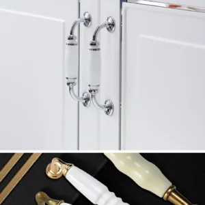 มือจับเซรามิก C-1008 ติดตั้งบนบานตู้สีขาว สไตล์คลาสสิก