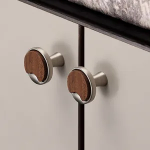 RG–0294 ปุ่มจับเฟอร์นิเจอร์ไม้วอลนัท ขอบโลหะ มือจับตู้สไตล์โมเดิร์น